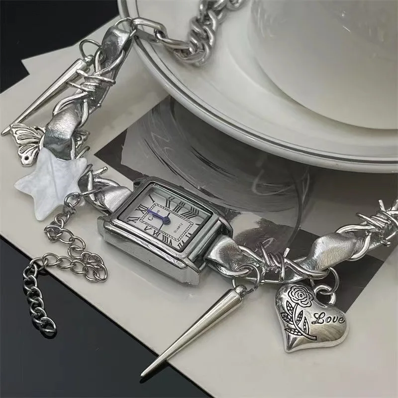 Vintage Punk Y2k Star Rivet Butterfly Spike Decor Watch Design Choker Necklace For Women Cool Grunge Aesthetic Neck Chain Party