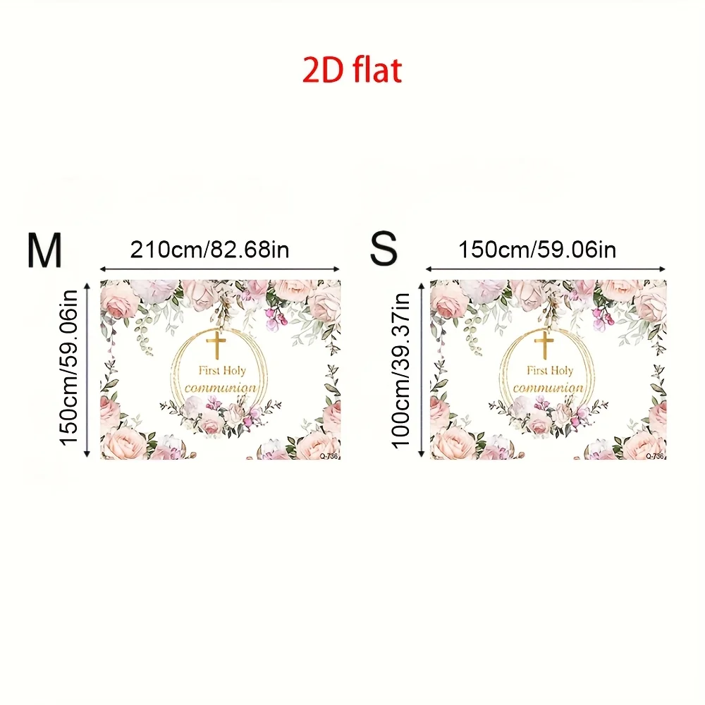 خطة ثنائية الأبعاد، 1 خلفية تصوير للمناولة الأولى - زهور وردية وتصميم لامع ذهبي، مع صليب، زخرفة معمودية للفتيات
