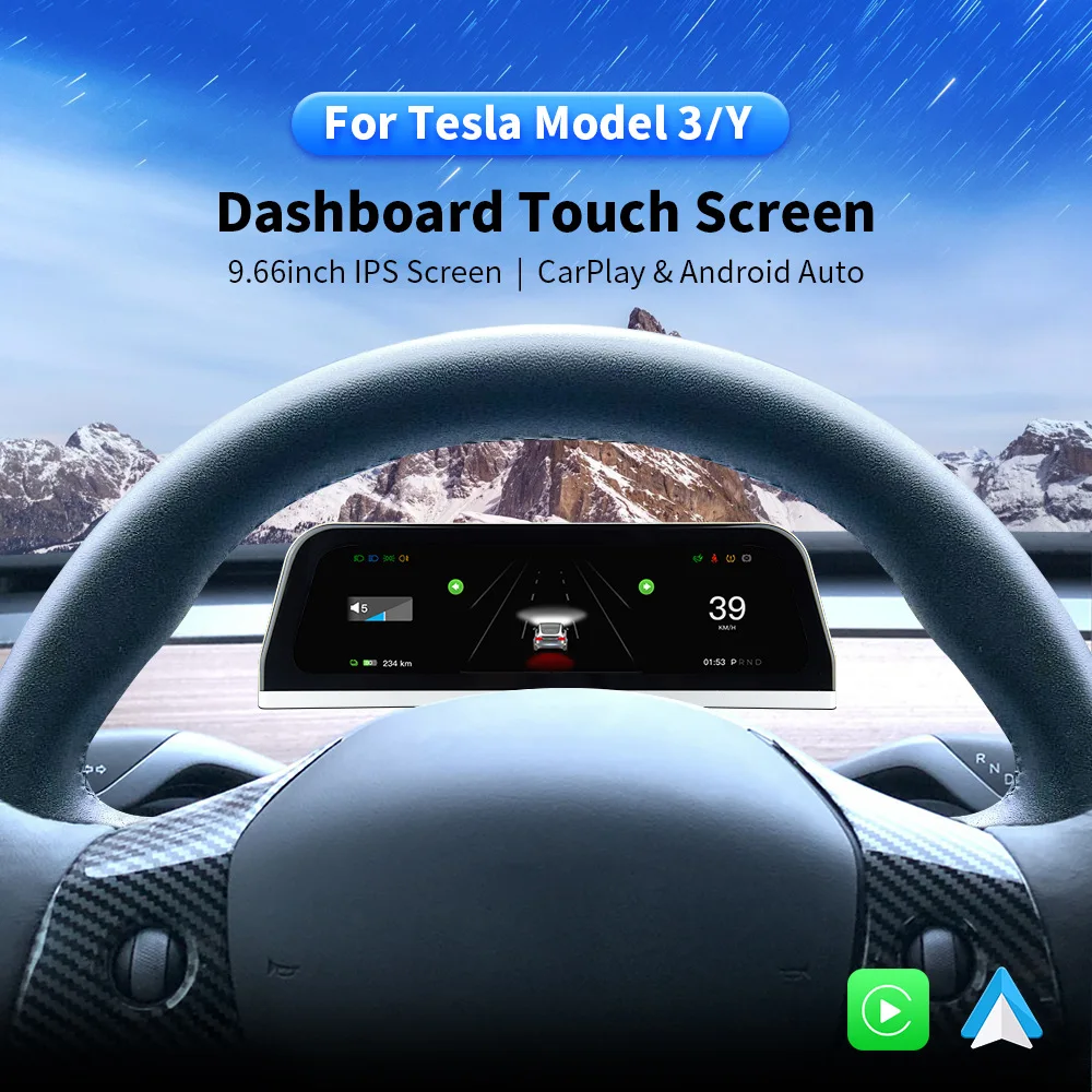 ​Digital Dashboard Heads Up For Tesla Model 3 Model Y Display Carplay Android Auto 9.66 Inch IPS Screen Auto HUD Power Speed