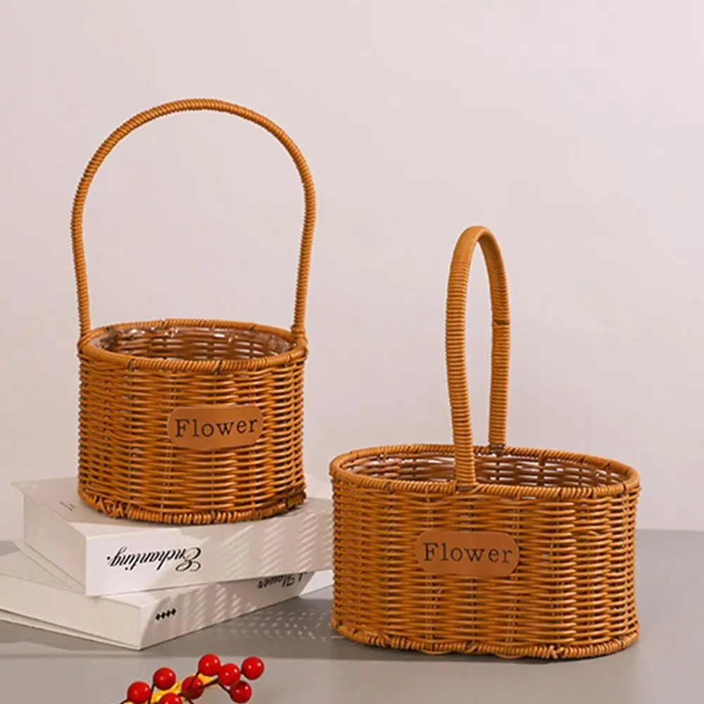 Imitation Rattan Handhold Weaving Basket Brown Home Decoration Braid Storage Baskets Vegetable Fruit Flower with Handle