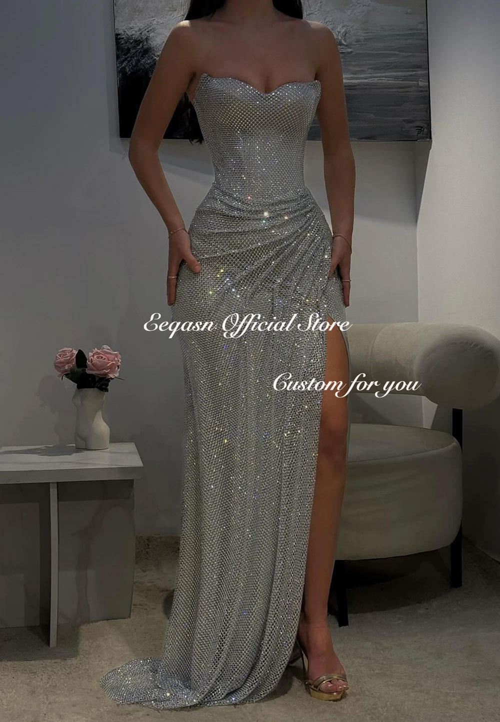 Customized Strapless Glitter Prom Dresses Side Split Sleeveless vestidos de noiva Floor-Length Formal Evening Gown Mermaid image 4
