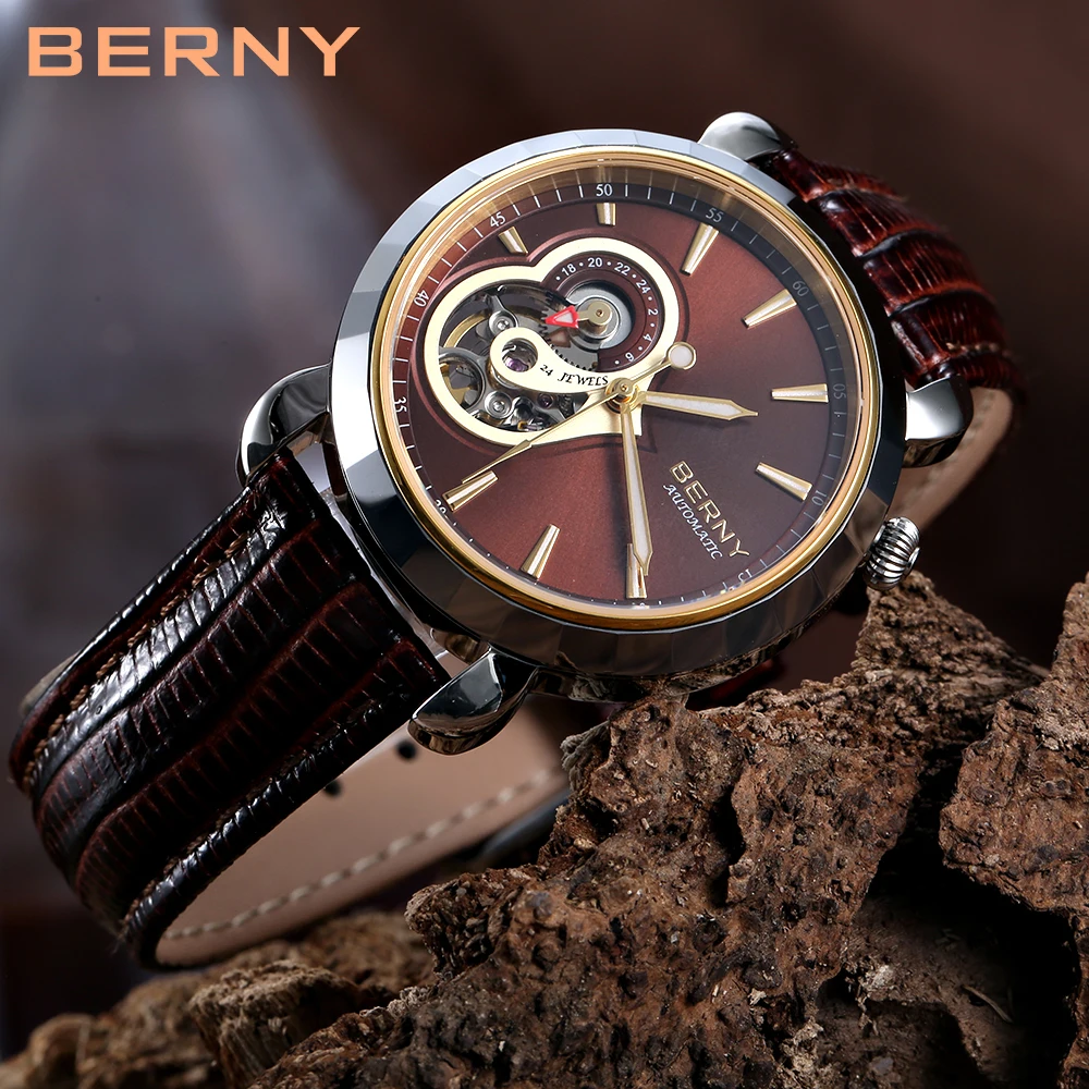 BERNY-reloj mecánico de acero de tungsteno para mujer, reloj de pulsera automático de cristal de zafiro, resistente al agua hasta 5atm, movimiento