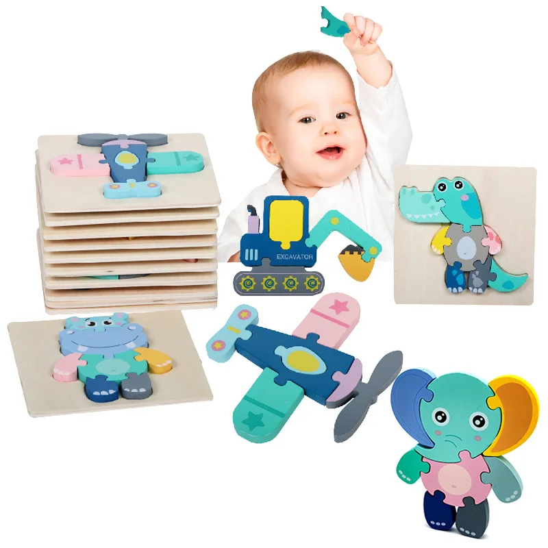 3D Wooden Puzzle Baby Toys Montessori Cartoon Animals Kids Puzzle Baby Game Jigsaw Puzzle Educational Toys for Babies