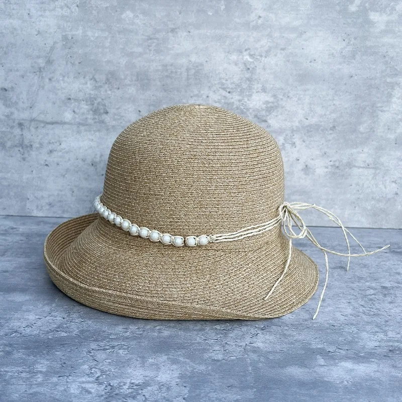 Women's Summer Pearl Tie Foldable Wide Brim Straw Beach Sun Protection Hat