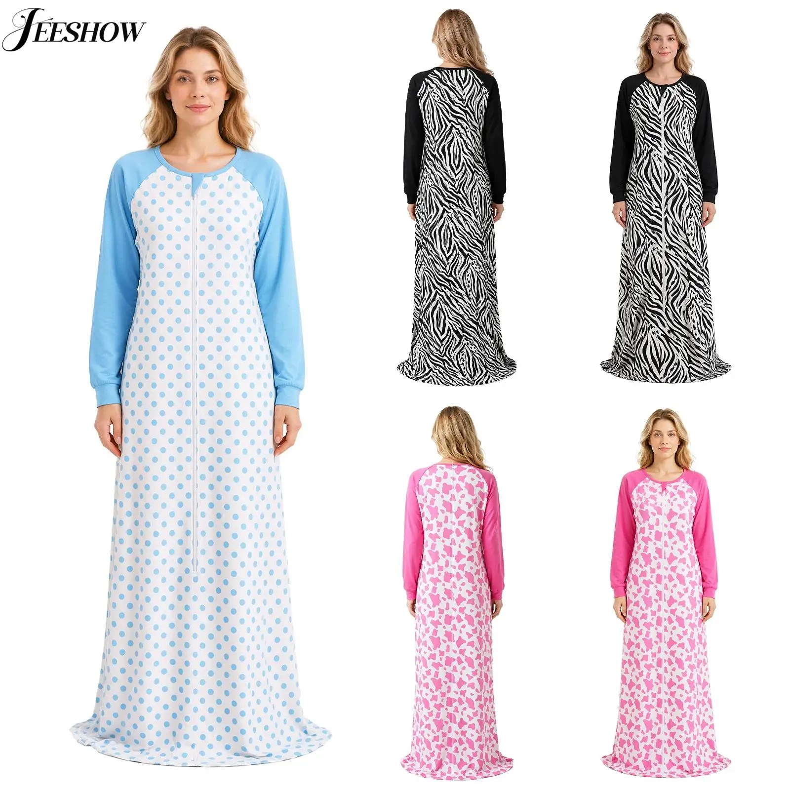 Womens Pattern Print Sleeping Bag Round Neck Long Sleeve Front Zipper Sleep Sack Lightweight Loose Nightshirts Home Sleepwear