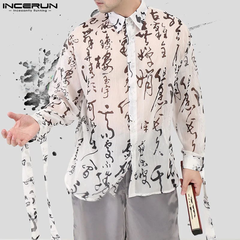 INCERUN Tops 2024 Korean Style Men Loose Perspective Chinese Character Print Shirt Fashion Personality Long Sleeved Blouse S-5XL