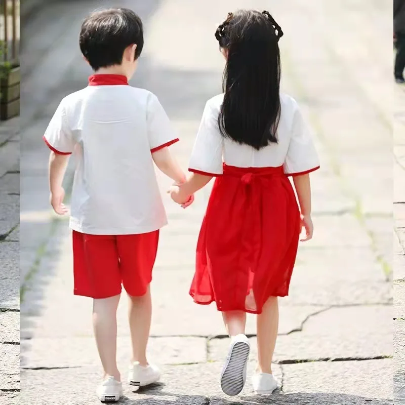 Children Summer New Embroidery Dragon Hanfu Girl And Boy Chinese Style Vintage Button Qipao Dress Performance Role Play Skirt