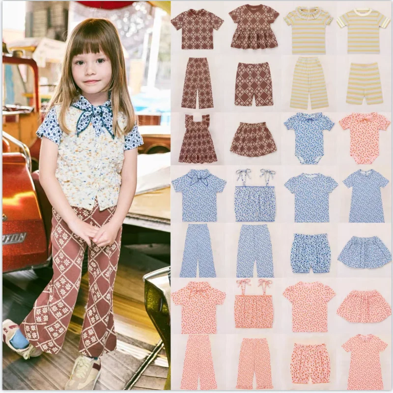 

Girls' T-Shirt 2026 Summer New Arrival Blue Printed Sweet Children's Dress Cotton Bow Short Sleeve Top Infant & Toddler Onesie