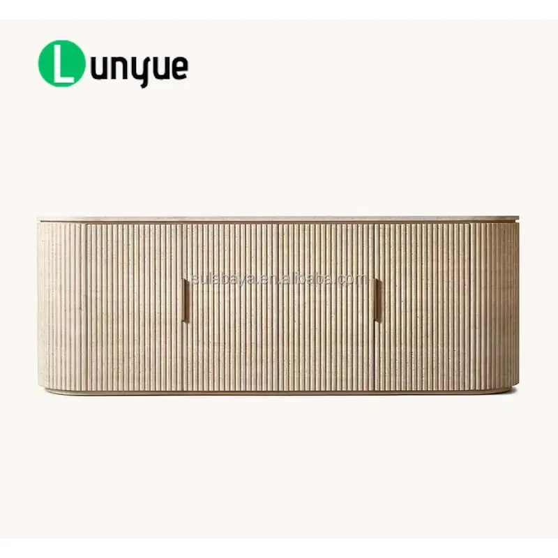 Modern Travertine Stone 4 Door Sideboard Cabinet Living Room Dining Storage Furniture Natural Marble Texture Elegant Design