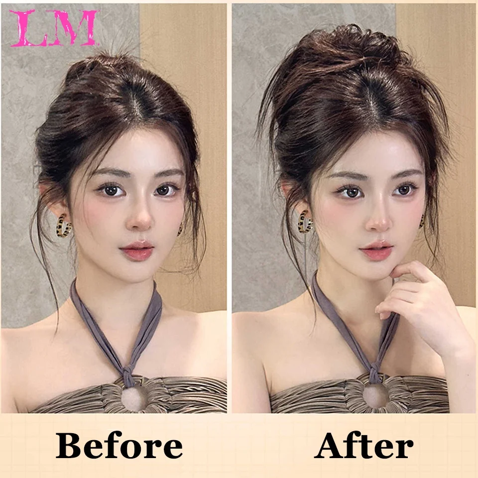 LM Voluminous Messy Flyaway Hair High Bun Scrunchie Brown Elastic Fake Hair Bun Hairpiece for Women Lazy Daily Styling