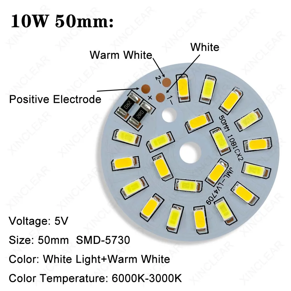 Imagem -02 - Led Smd5730 Chips 10w 5v Branco Quente Duas Cores Diâmetro 50 mm Lâmpada Conta Fonte de Luz Placa Adequado para Faça Você Mesmo Spotlight Downlight 10 Pcs