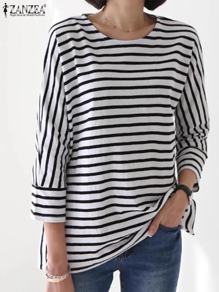 ZANZEA Women Casual Stripes Blouse Korean Loose 3/4 Sleeve Tops Shirt 2024 Fashion Round Neck Tunics Harajuku Split Hem Blusas