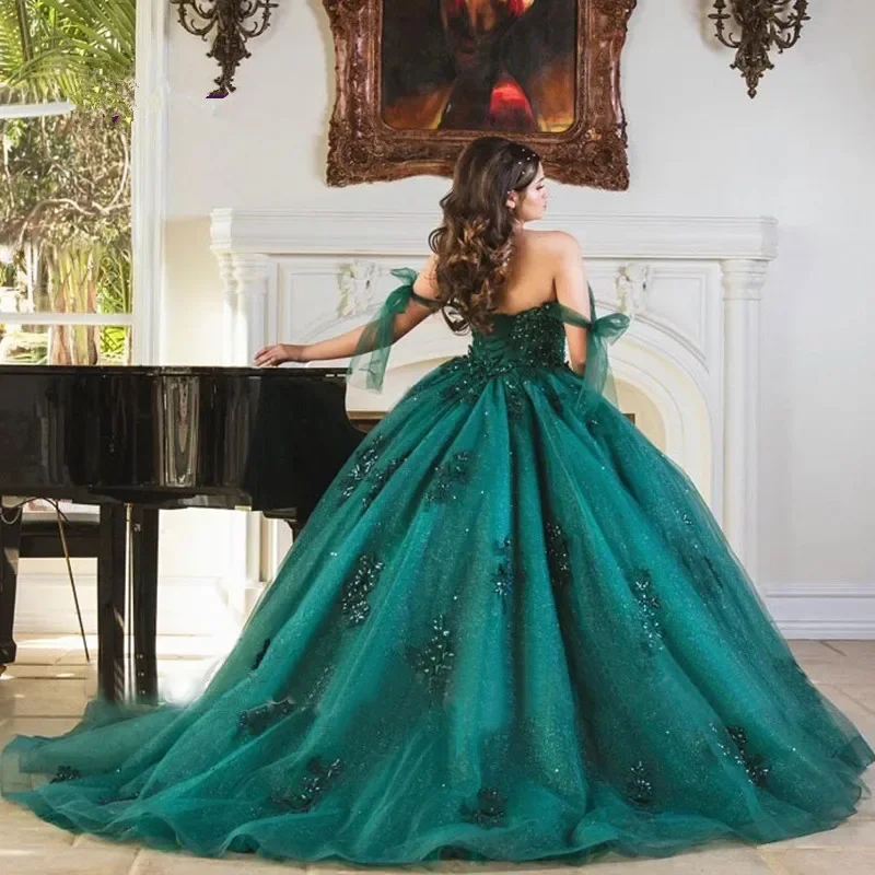 ANGELSBRIDEP Emerald Green Quinceanera Dresses Off Shoulder Bead Sweet Mexico Princess Formal Party 16 Prom Ball Gown Customized