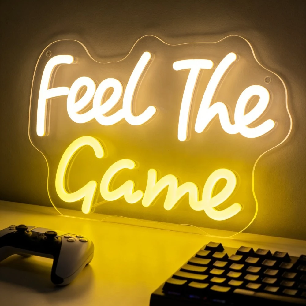 

Неоновая вывеска «Feel The Game»: светодиодный настенный декор для игровой комнаты, ПК-геймерской, спальни. Создает иммерсивную атмосферу для геймеров. Теплое желтое освещение. Подарок.
