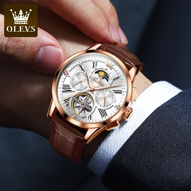 OLEVS Automatic Mechanical Watch for Men Skeleton Watch Leather strap Waterproof Luminous Luxury Men\'s Wristwatch Reloj Hombre