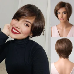 Light Brown Human Hair Pixie Cut Bob Lace Wigs Short Remy Human Hair with Bangs Human Hair Lace Front Wig for White Women Daily