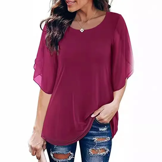 2025 New Summer Women's Shirt O-neck Loose Half-sleeved Pleated Printed Top Simple Versatile Basic Blouses for Female