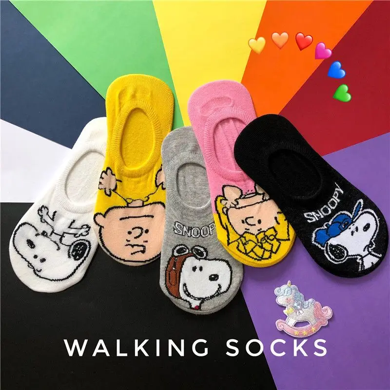 5pcs Miniso Anime Kawaii Snoopy Cartoon Silicone Shallow Mouth Cotton Socks Spring and Summer Cartoon Socks Girls Daily Matching