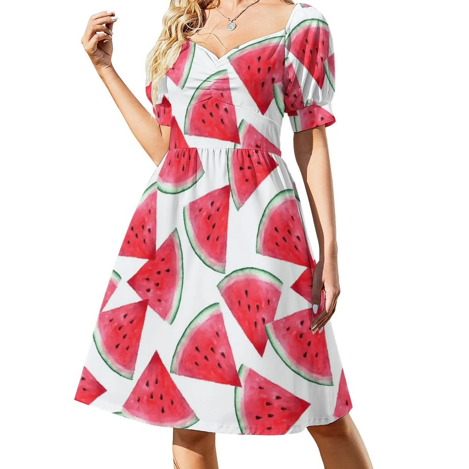 

Juicy watermelon. Watercolor Tropical Fruit Short Sleeved Dress birthday dresses for women Casual dresses Clothing female Dress