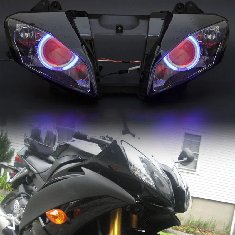 Motorcycle Custom Headlight Hi/Lo Beam Head Light Projector Headlamp Assembly Angel Devil Eyes LED For Yamaha YZF-R6 2006-2007