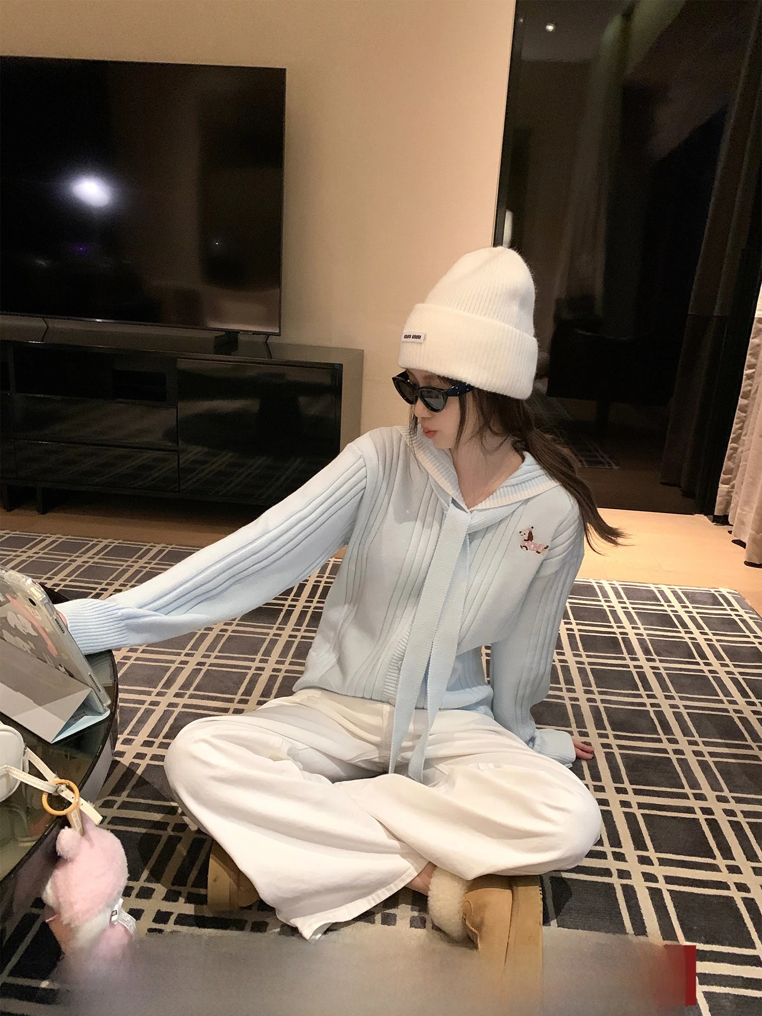 

Korean Sle Navy Collar Knitted Open Cardigan Women's Loose Fit Long Sve Warmth Casual Top Sweet Poem Note Lettering