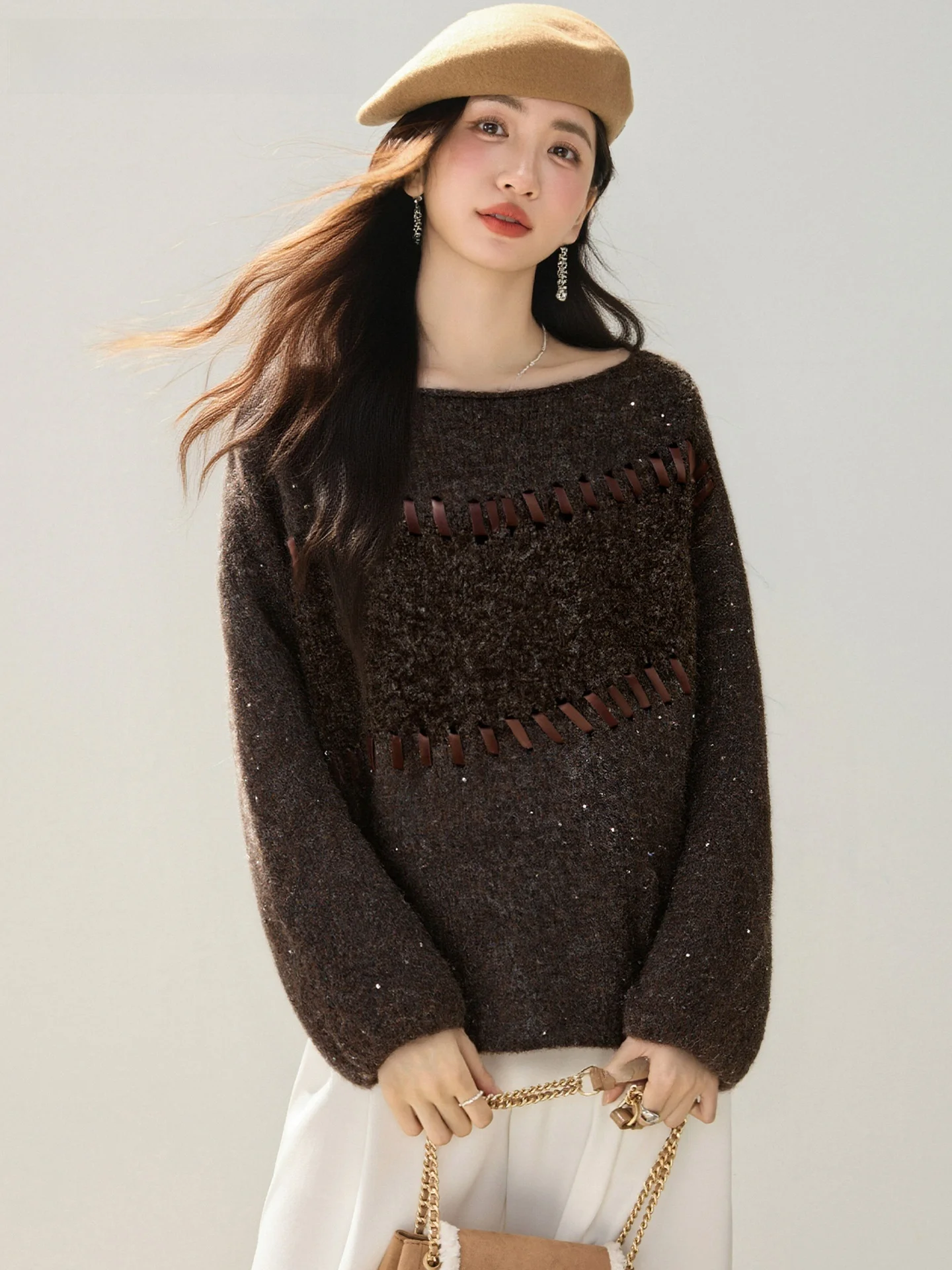 

Вязаный свитер La Chapelle свободного кроя с круглым вырезом и узором «косичка» из шерсти, женский, зимний, теплый, комфортный, из полиэфирного волокна