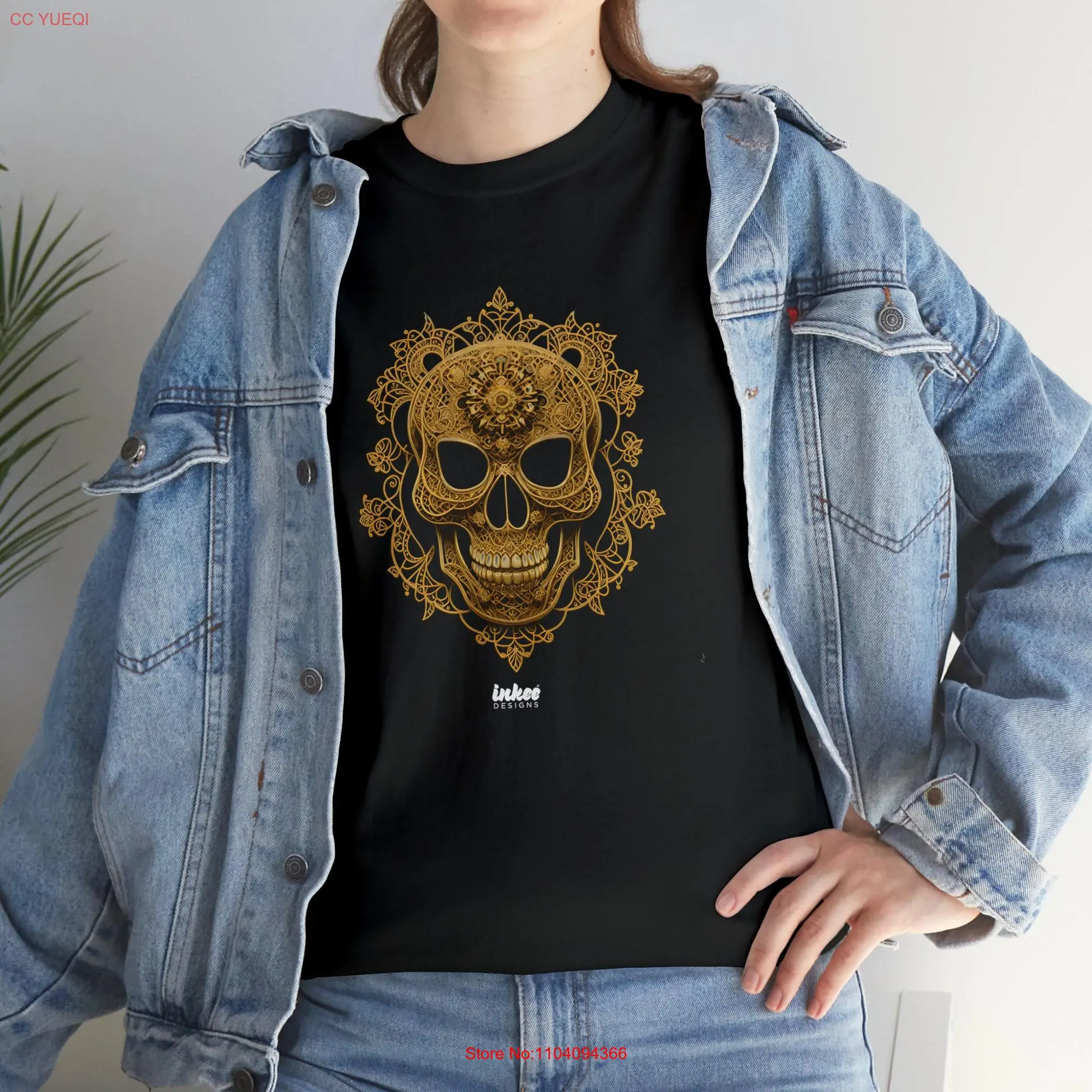 Skull T Shirt Gold Decorative Design Unique Art  long or short sleeves