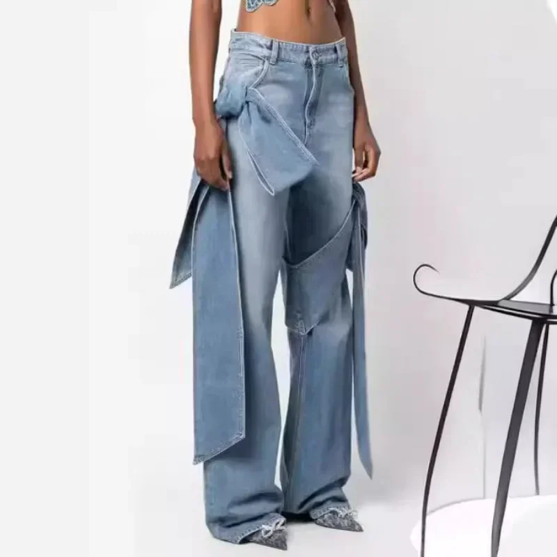 Celana Jeans Lurus Pinggang Tinggi Tali Sambungan Rasa Desain Baru Musim Semi 2024 Celana Panjang Kasual Wanita Retro Street Washed