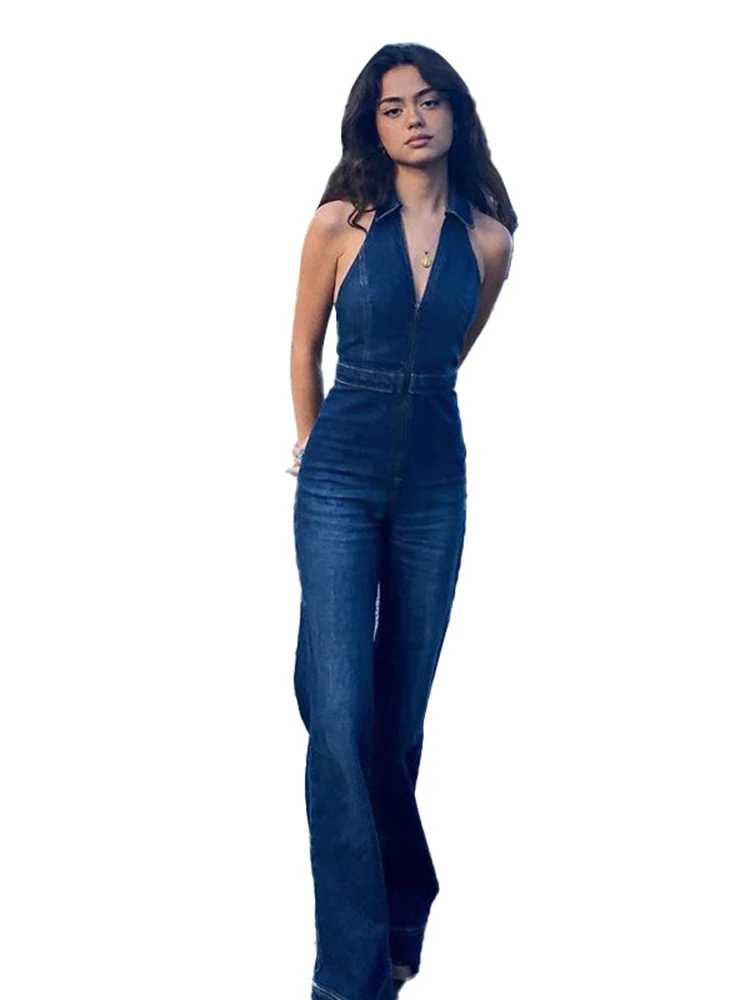 Women 2023 New Slim Fit Slim Zipper Sleeveless V-neck High Waist Fashion Denim Jumpsuit Female Trnedy Clothing 5w753