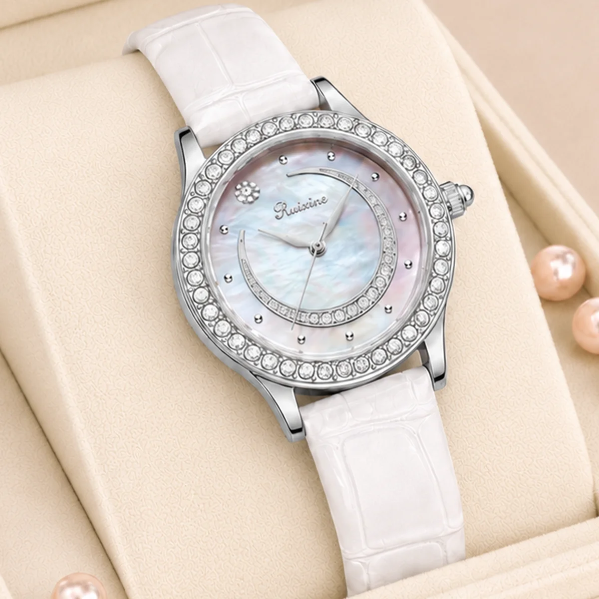 RUIXINE Quartz Watch for Woman Fashion Leather Strap Waterproof Elegant Diamond Luxury Original Ladies Dress Wristwatch