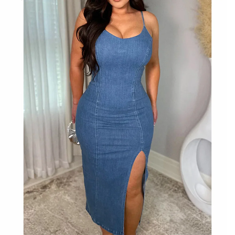 Trendy Fashion Women's Denim Dress Summer Sleeveless Split dress Fit Slimming Ankle-Length Dress Street Wear Vestidos