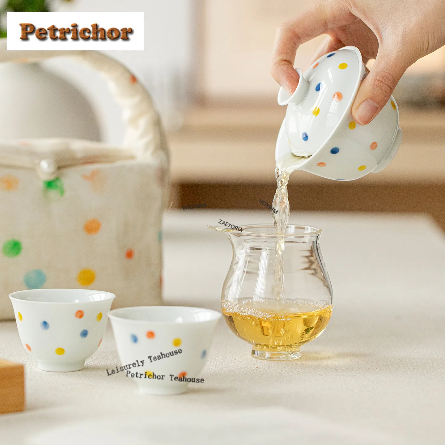 Hand-painted Polka Dot White Porcelain Travel Tea Set Kit Traditional 1 Pot 3 Cups Tea Maker Organizer Portable Outdoor Tote Bag