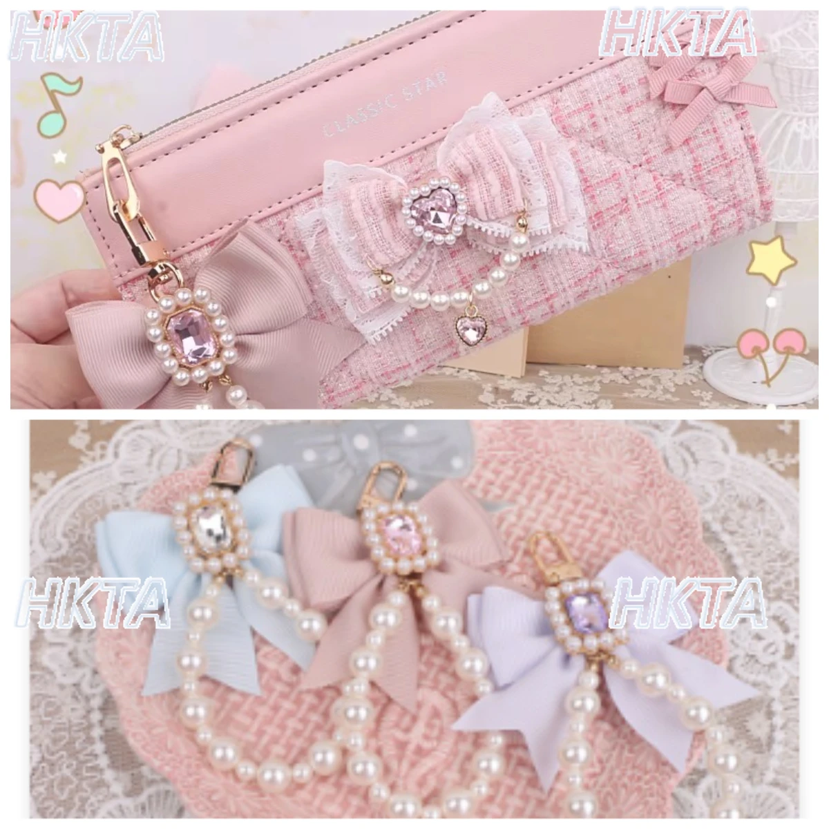 

Handmade Japanese Style Sweet Girl Pearl Beaded Bow Hair Ball Pendant Wallet Bag Women Wallet Long Horizontal Wallet Card Holder