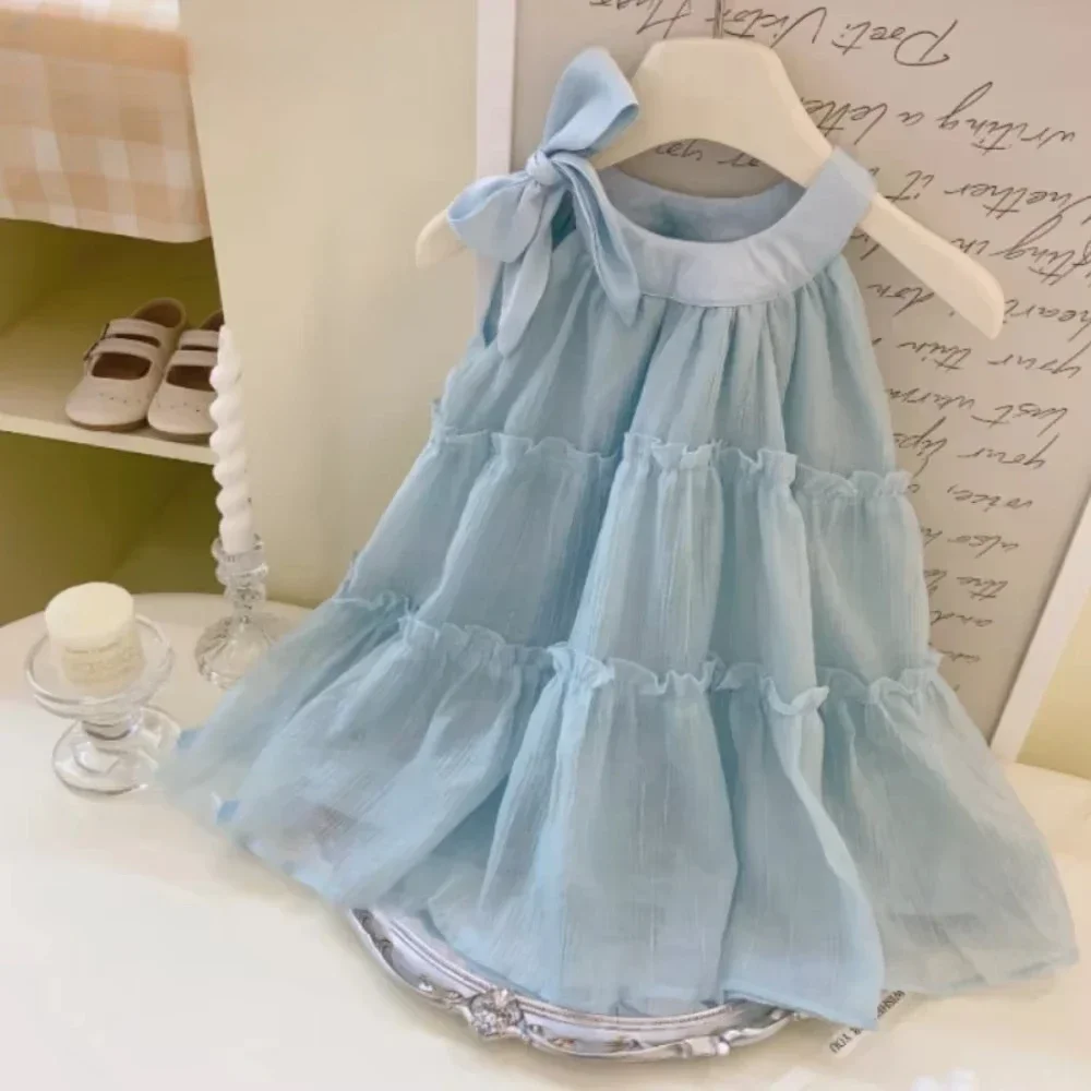 Korean Version Fashion Solid Color Summer Girls Sweet Bow Decoration Halter Princess Dress 1 Pc 2-7 Years Kids Casual Wear