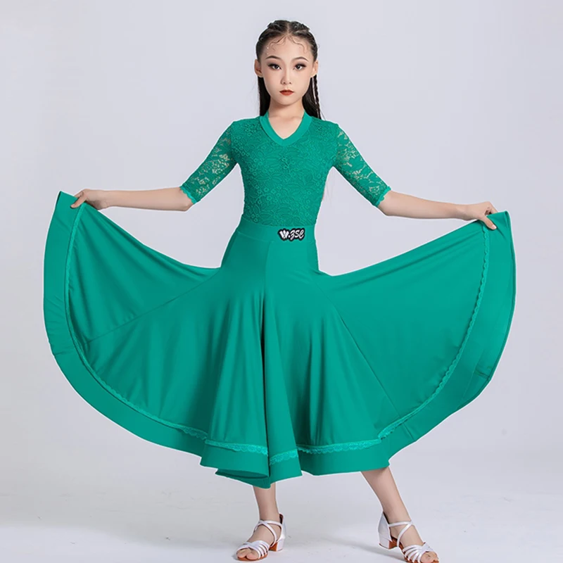 

Green Ballroom Dance Suit Girls Standard Modern Dance Costume Tango Waltz Stage Wear Kids Ballroom Dancewear Long Skirt VDL1972