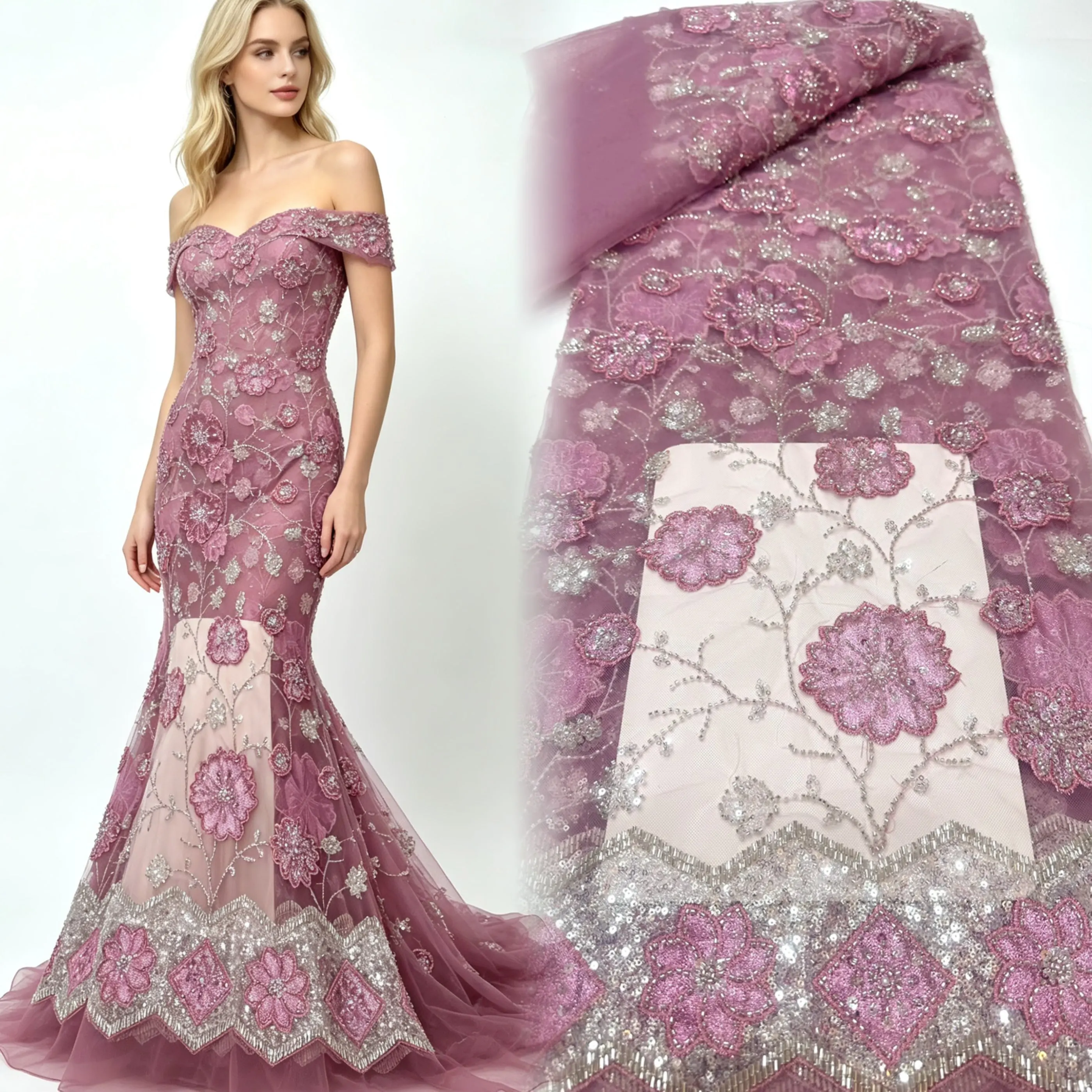 

Latest French 3D Flower Glue Sequins lace Fabric high Quality Nigerian Sequins Beads Lace Fabric with wedding Sewing 5 Yards