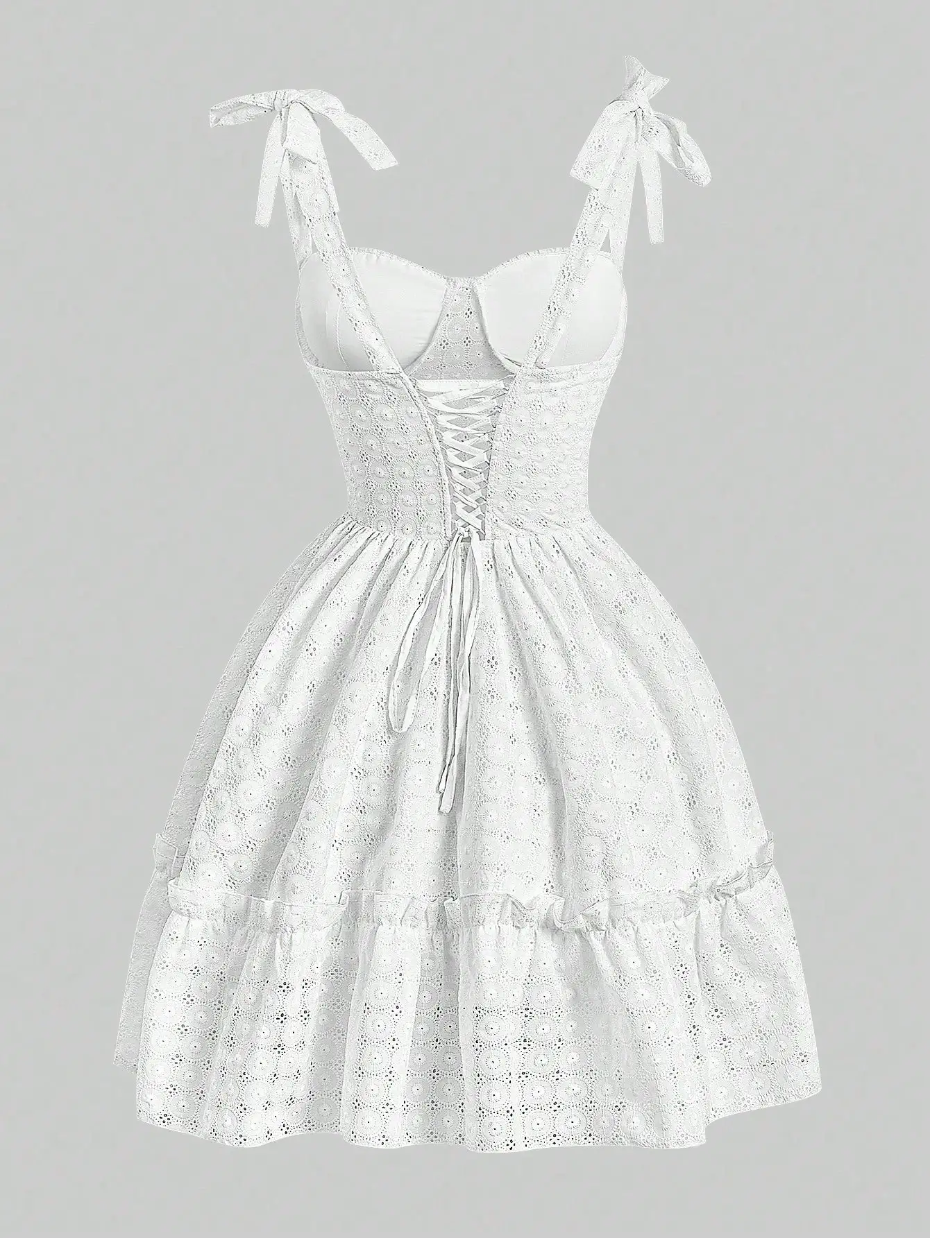 Minivestido feminino de renda de malha branca, decote doce, babados em camadas, festa elegante, vestido de verão feminino