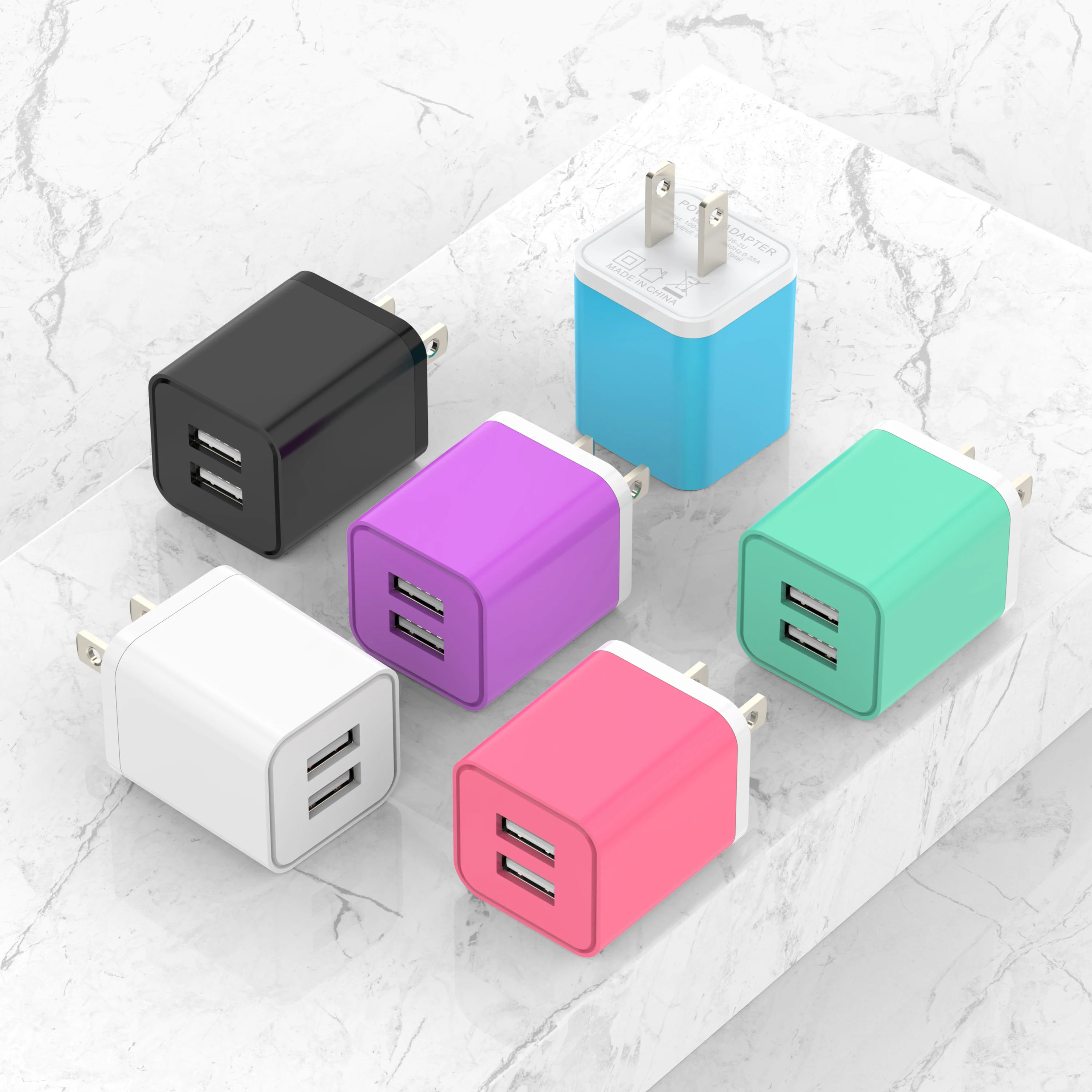 Six colors of USB wall charger, 2.4A dual USB port cube power plug adapter fast mobile phone charger block iPhone 14/14 Pro/14 P