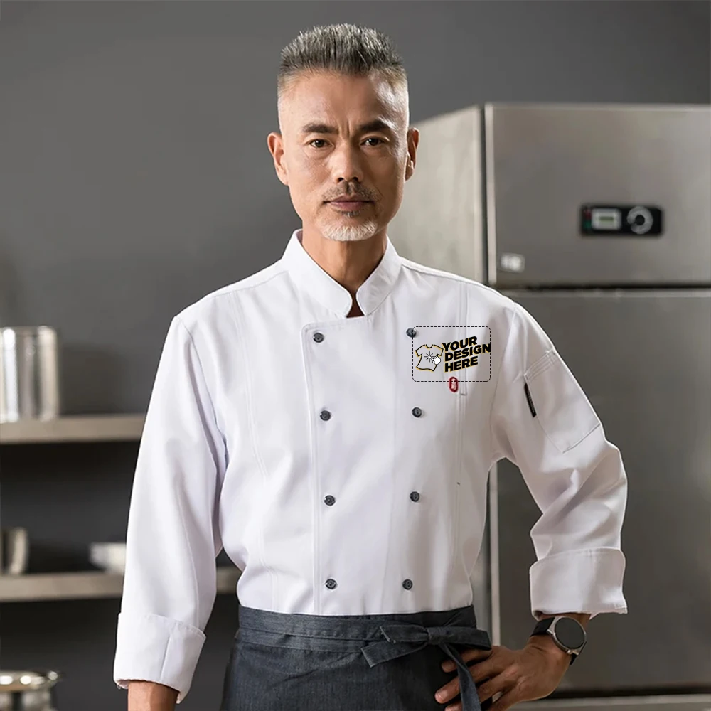 Customize Diy Logo Chef Uniform Long Sleeve Warm Chef Jacket With Front Pockets Oblique Collar Suits For Men Catering For Coffee