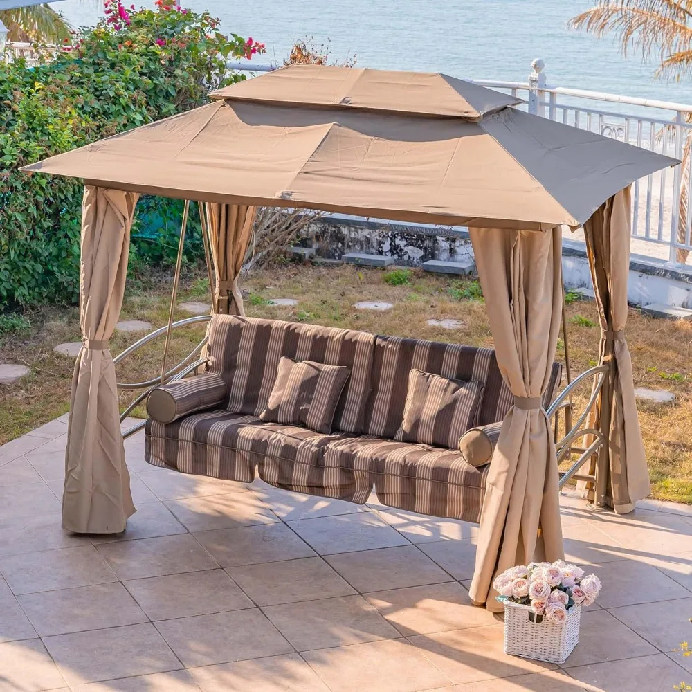 3 Person Outdoor Patio Porch Swing Gazebo with Netting, Gazebo Curtains, and Canopy Swings for Adults Relaxation Space