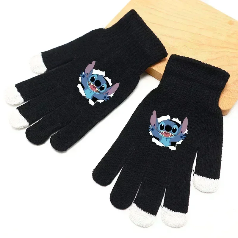 Disney Stitch เด็กใหญ่ถุงมือฤดูหนาว WARM การ์ตูนยืดถัก Mittens หน้าจอสัมผัสน่ารักผู้ใหญ่ห้านิ้วถุงมือของขวัญวันเกิด