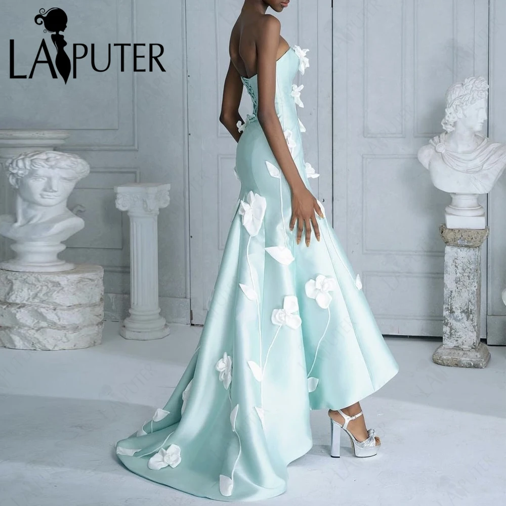 3D Flowers Mint Blue Celebrity Evening Dresses Off Shoulder Strapless Neck Back Train Fashion Star Satin Woman Formal Dress