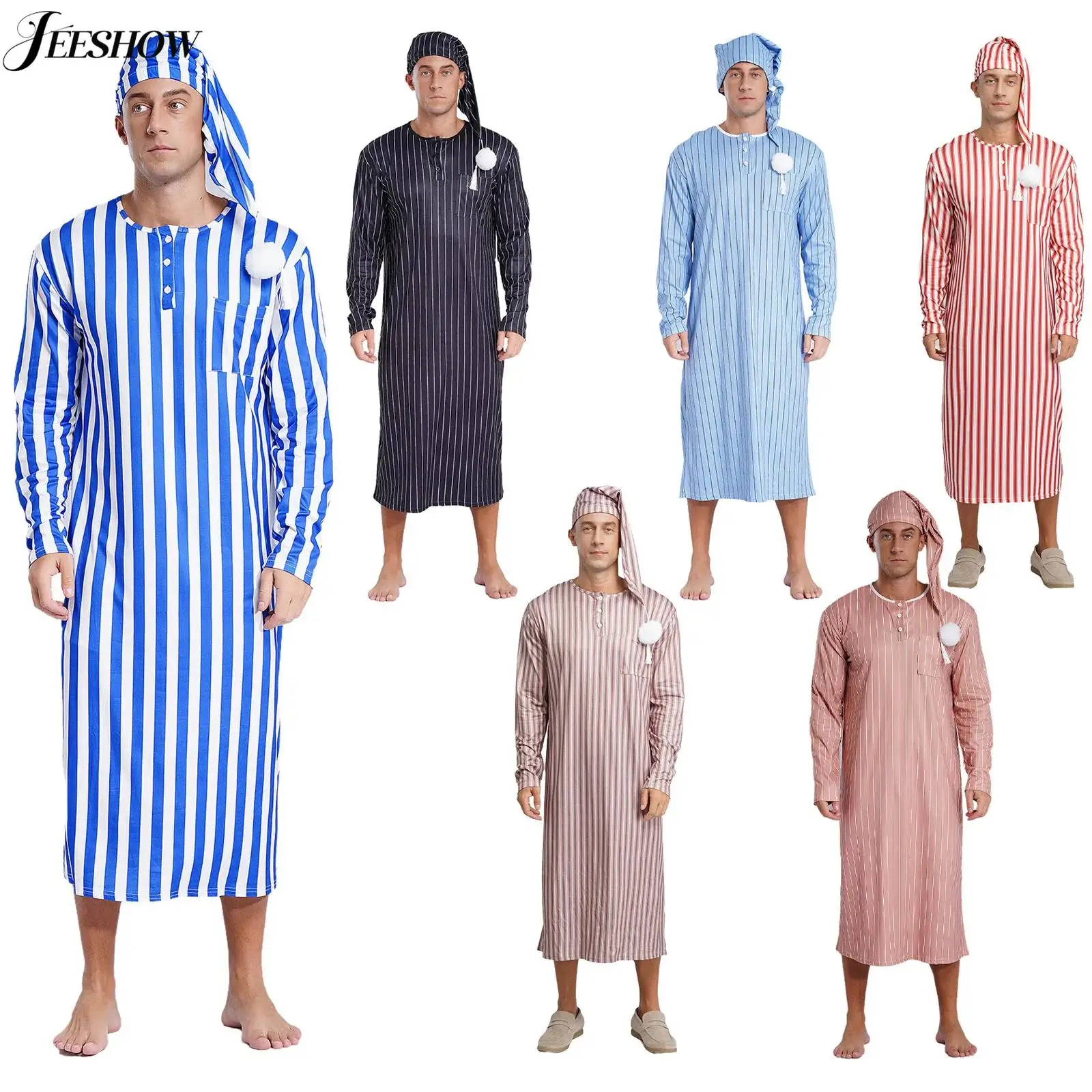 قمصان نوم مخططة للرجال مع قبعة نوم وأكمام طويلة قمصان نوم هنري كبيرة وطويلة قطعة واحدة بيجامات ملابس نوم ملابس للاستلقاء #1