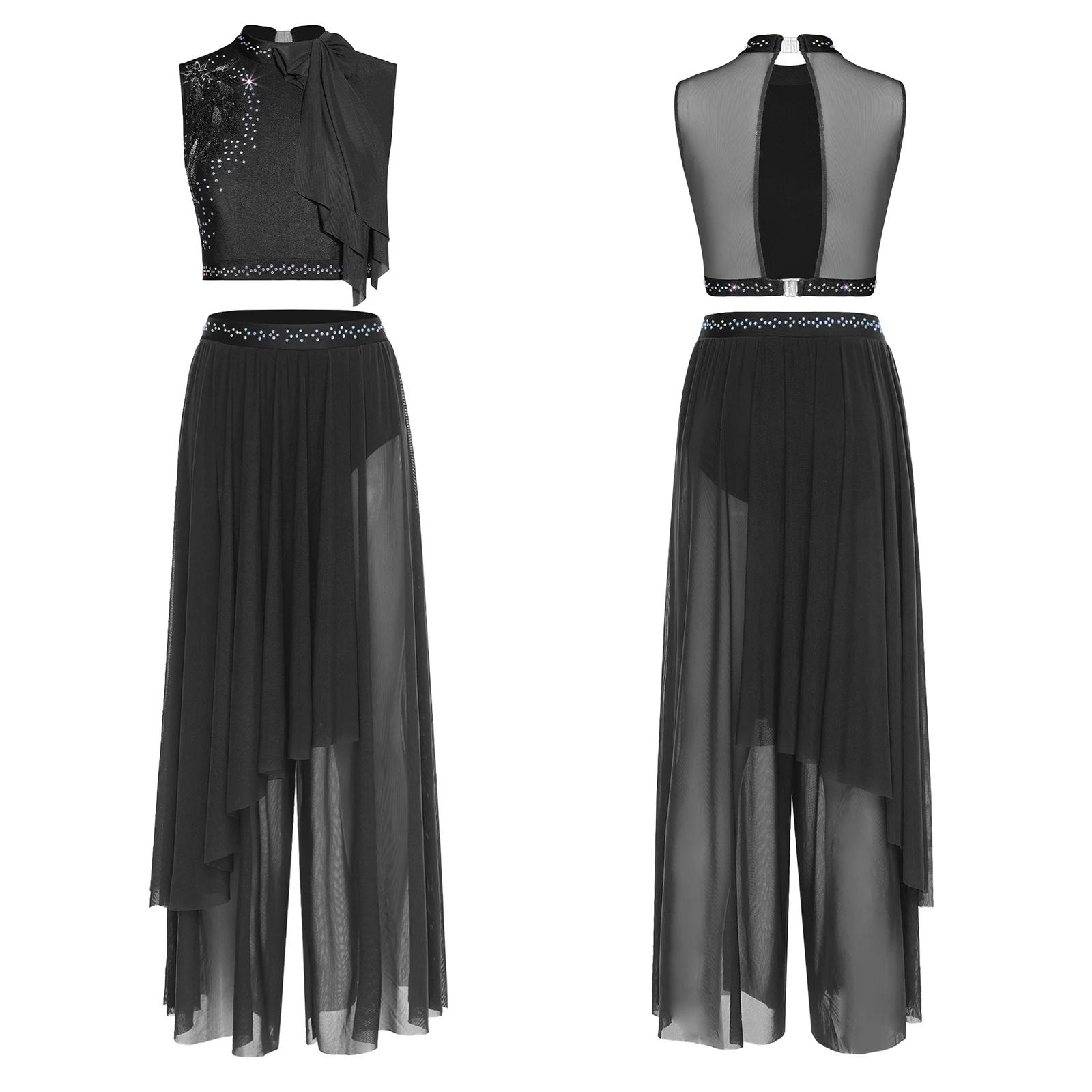 

Women Lyrical Dance Outfit Performance Costume Sleeveless Back Hollow Out Crop Top and Mesh Pants Modern Contemporary Dancewear
