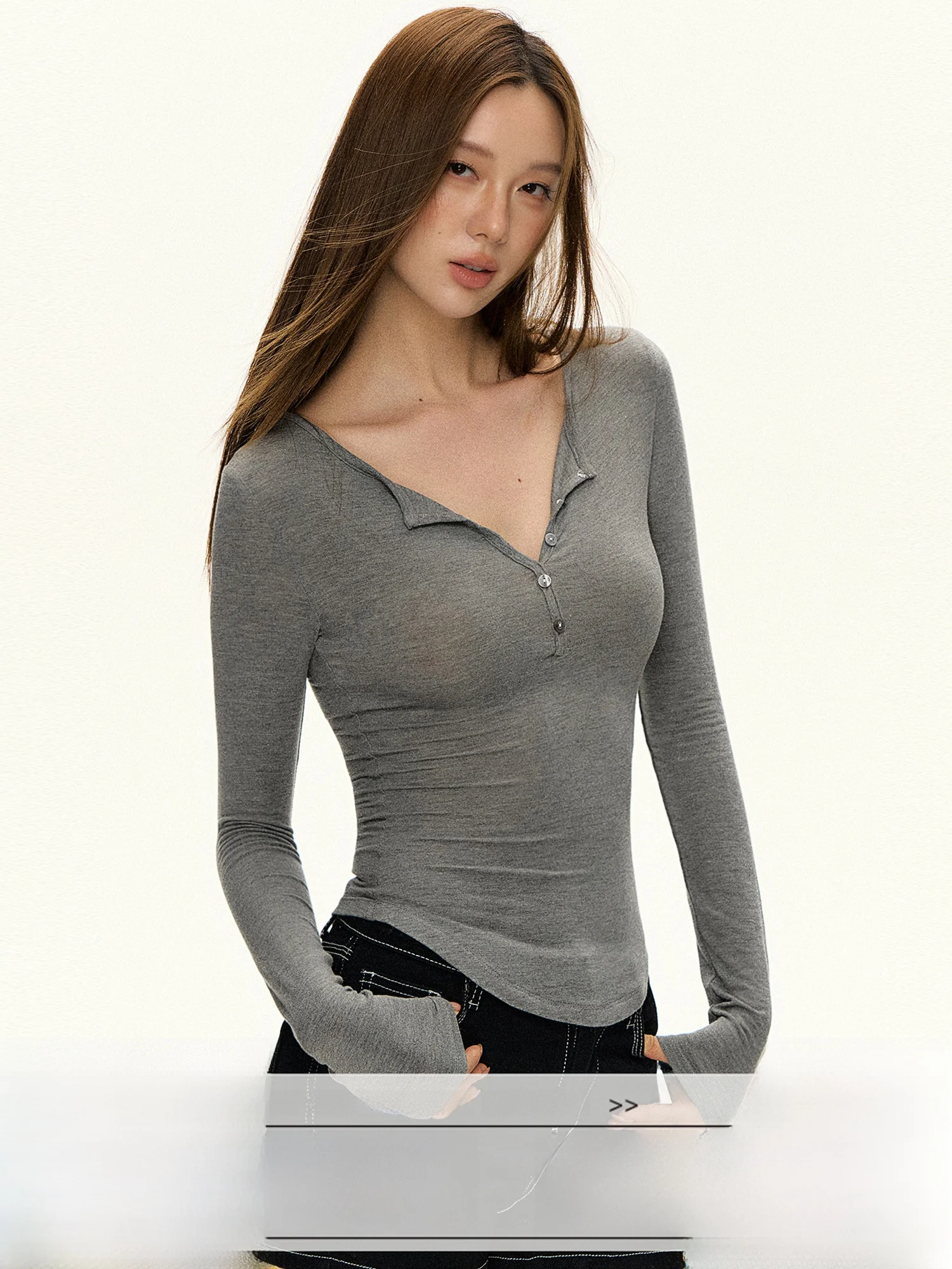 Gray Wool Long Sleeve Henry Collar T-Shirt Women's Slim Fit Base Shirt Top Commute Style Korean Version Straight Body Shape