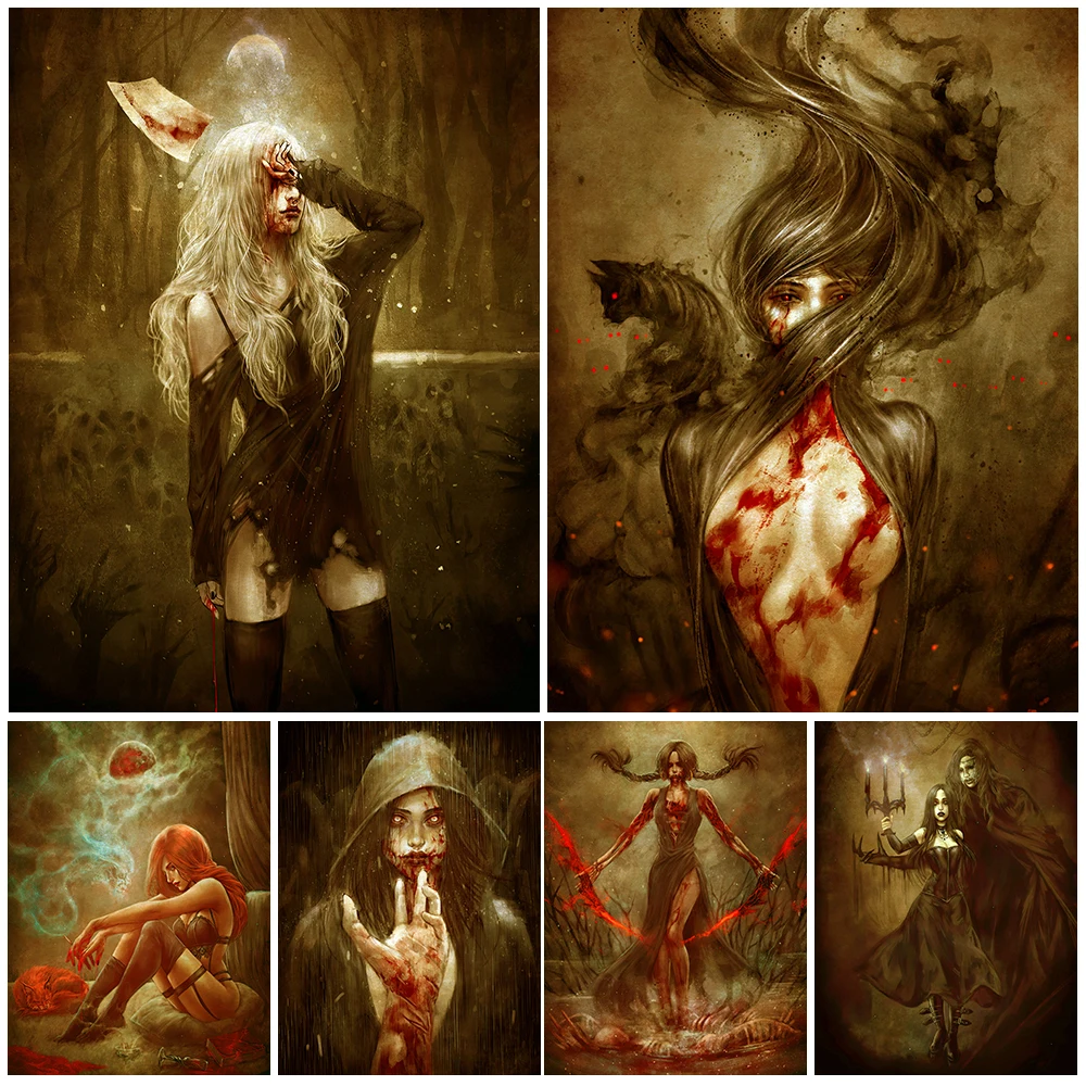

The Bloody Kiss Gothic Horror Girl Vintage Wall Art Canvas Painting Bloodthirsty Witch·Poster And Print Home Decoration Unframed