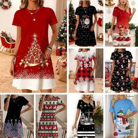 ﻿   Vestido con estampado de árbol de Navidad para mujer, traje de fiesta de vacaciones dorado rojo, vestido largo elegante para todas las estaciones para Navidad, Nochevieja, Navidad