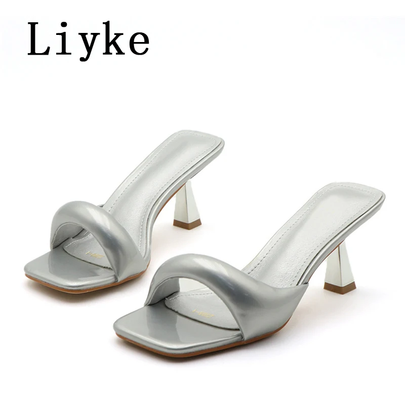 Liyke 2024 New Arrivals Black Silver Square Toe Slippers For Woman Mules Low Thin Heels Designer Slides Shoes Gladiator Sandals