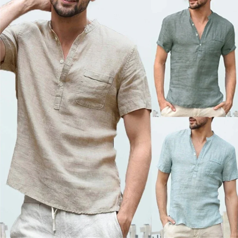 

Summer Short-Sleeved Cotton and Linen Shirts Men's Casual Hip Pop T-Shirt With Stand-Up Collar Soild Buiness Shirts Top