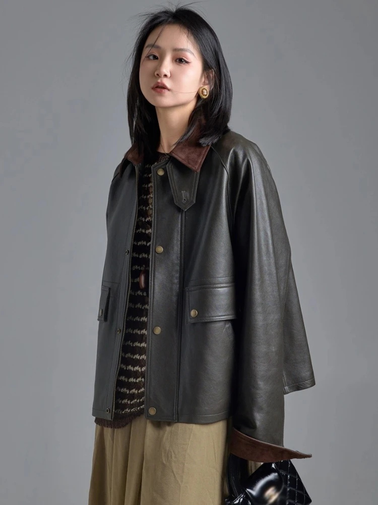 Giacche cargo in vera pelle vintage anni '90 per donna Autunno Inverno 2025 Nuovo cappotto di alta qualità semplice allentato morbido corto in vera pelle di pecora